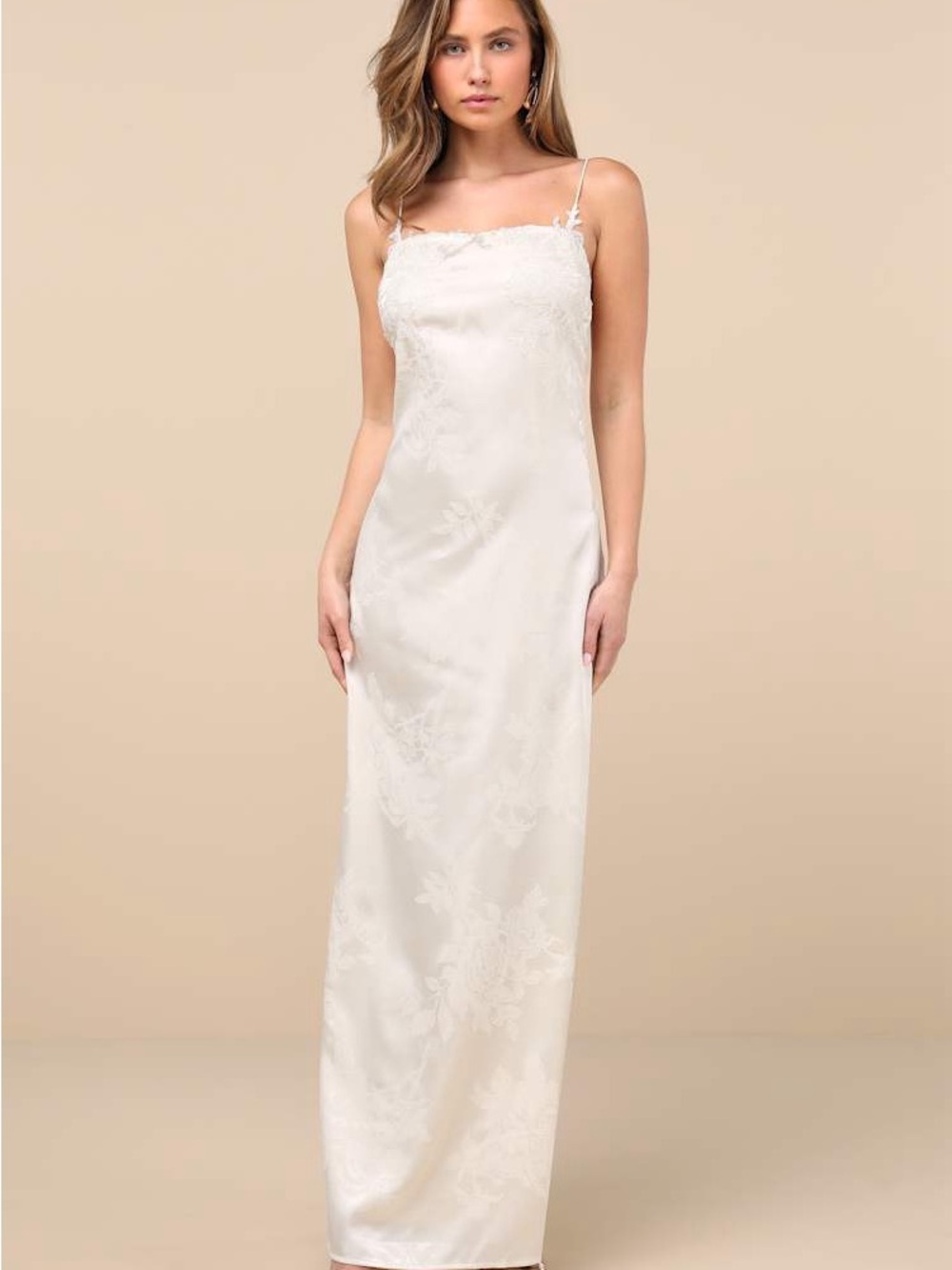 Whimsical Radiance Cream Satin Embroidered Maxi Dress
